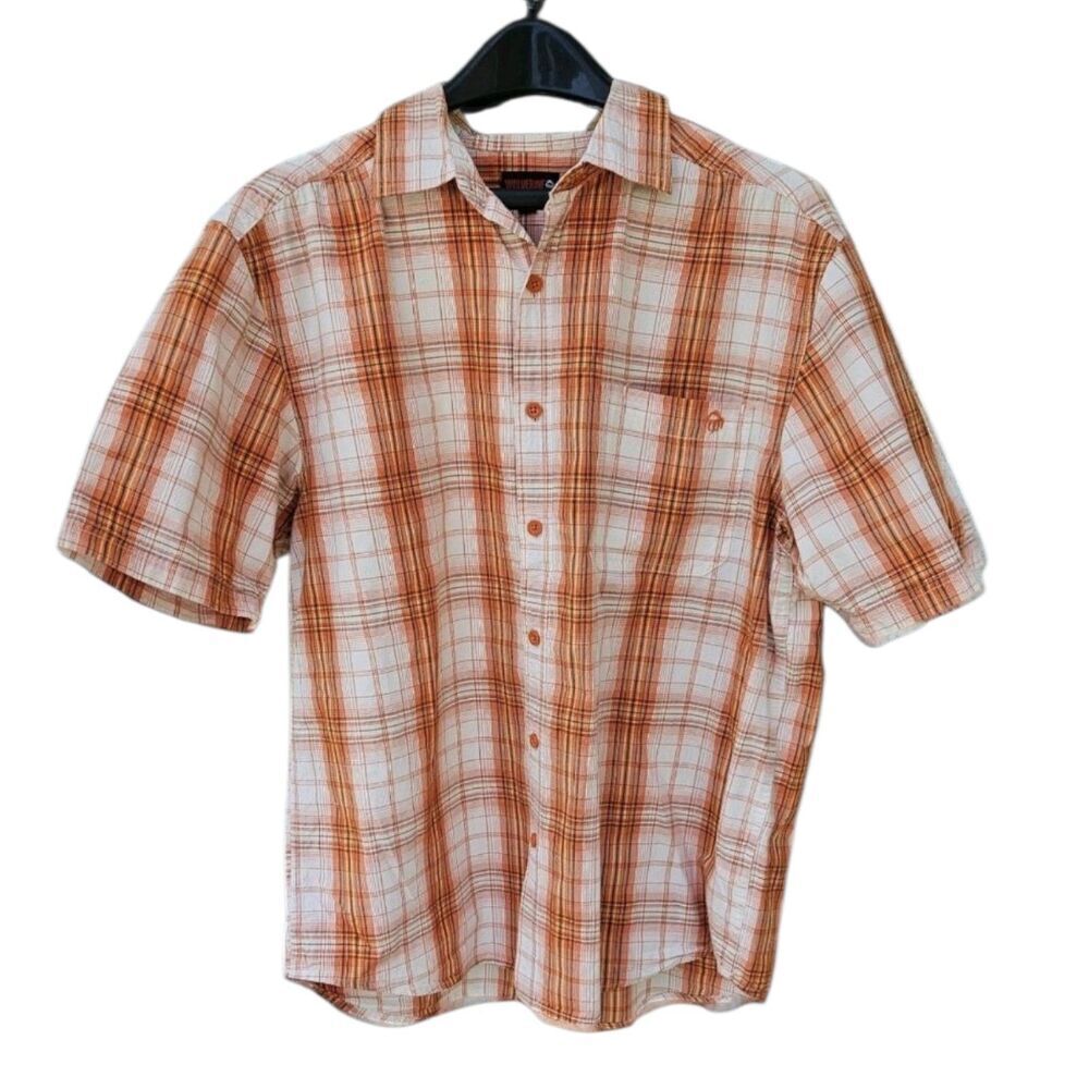 Wolverine Mens L Orange Plaid Button Up Shirt Short Sleeve Seersucker
